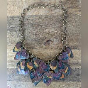 VINTAGE Multicolored Metal Heart Fringe Bib Necklace, Yellow, Green, & Purple